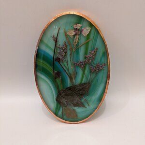 Vintage 70s Dried Flower Art | Oval Copper Frame | Pressed Wildflowers in Resin